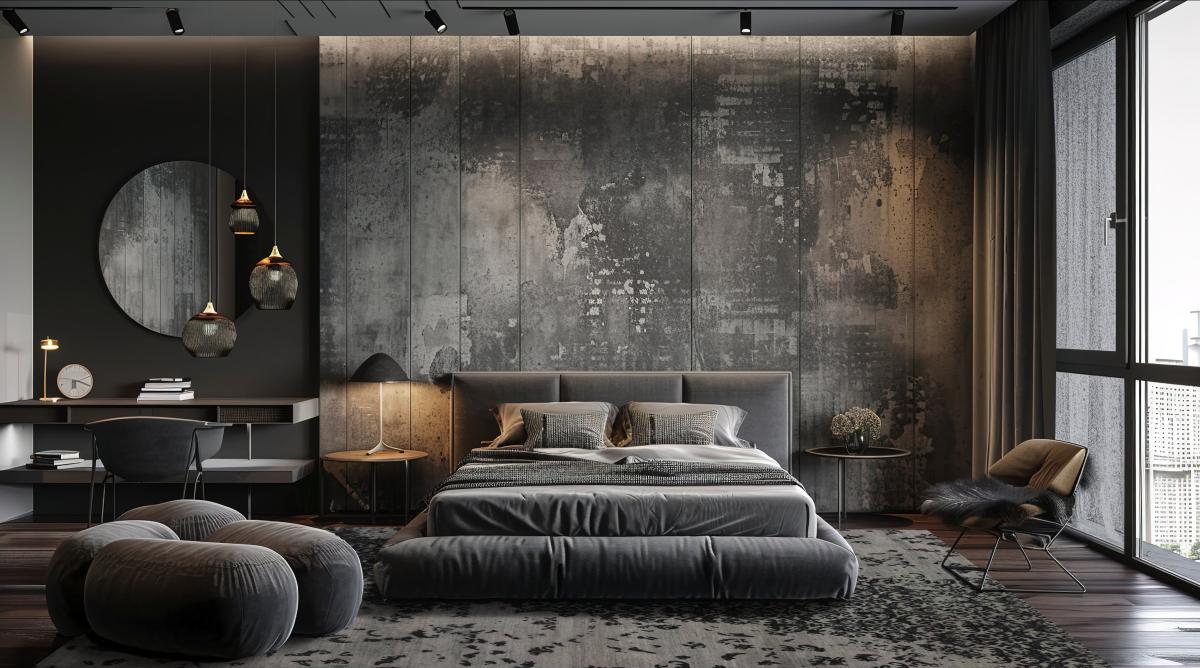 Quarto moderno com tapete floral Sindhi em cinza-preto